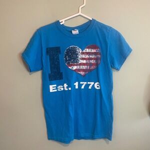 Womens Retro Casual Patrioric American Flag I Heart America‎ T-Shirt Blue Small